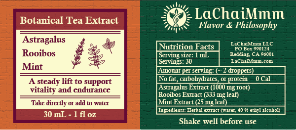 LaChaiMmm botanical tea extract label with ingredients and nutrition facts.